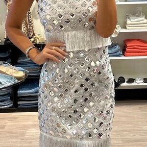 SAYLOR Celebrity Core Silver Mini Dress with Fringe Festive and Shimmery
